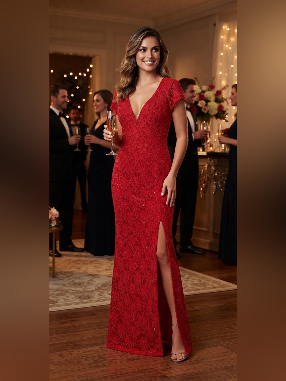 Connected Red Lace Formal Evening Gown Maxi Dress Slit V-Wire Size 10